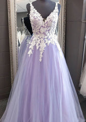 Homecoming Dresses Websites, Princess V Neck Long/Floor-Length Tulle Prom Dress With Appliqued Lace