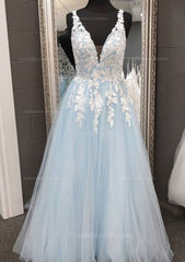 Homecoming Dress Website, Princess V Neck Long/Floor-Length Tulle Prom Dress With Appliqued Lace