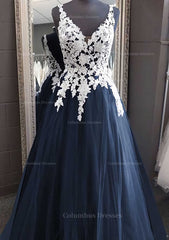 Homecoming Dress Stores, Princess V Neck Long/Floor-Length Tulle Prom Dress With Appliqued Lace
