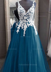 Homecoming Dresses Under 78, Princess V Neck Long/Floor-Length Tulle Prom Dress With Appliqued Lace