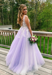 Prom Dressed Ball Gown, Princess V Neck Sweep Train Tulle Prom Dress With Appliqued