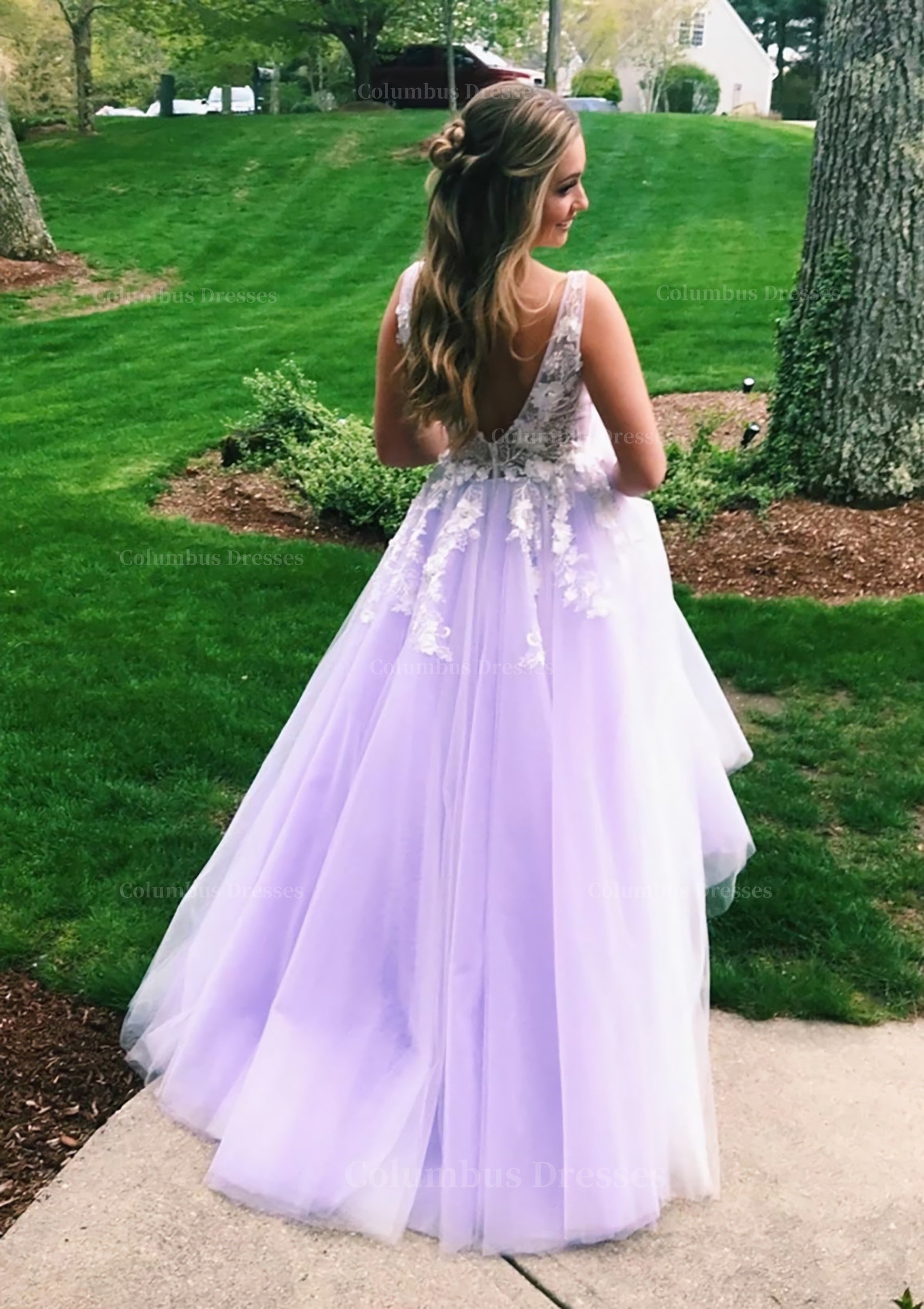 Prom Dresses Laced, Princess V Neck Sweep Train Tulle Prom Dress With Appliqued
