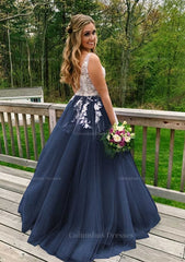 Prom Dresses Laces, Princess V Neck Sweep Train Tulle Prom Dress With Appliqued