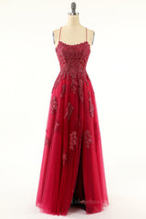 Prom Dresses 2059 Fashion Outfit, Princess Wine Red Appliques A-line Long Formal Dress with Slit