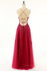 Prom Dress Cute, Princess Wine Red Appliques A-line Long Formal Dress with Slit