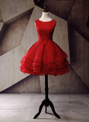 Formal Dresses For Teen, Red Round Neckline Layers Short Prom Dress, Red Lace Homecoming Dress