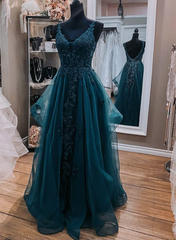 Formal Dresses For Fall Wedding, Teal Blue Tulle V-Neckline Long Party Dress With Lace, Teal Blue Long Prom Dress