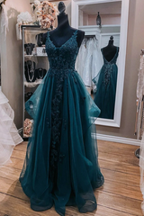 Formal Dress For Girls, Teal Blue Tulle V-Neckline Long Party Dress With Lace, Teal Blue Long Prom Dress