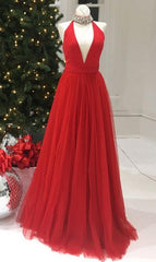 Prom Dress Shops Near Me, Newly A-Line/Princess V Neck Red Tulle 2024 Prom Dresses