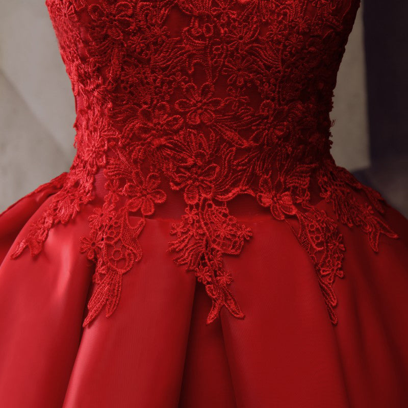 Formal Dress For Teens, Red Round Neckline Layers Short Prom Dress, Red Lace Homecoming Dress
