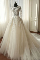 Wedding Dress Collection, 2024 Newest A Line Long Sleeves Tulle With Appliques Wedding Dresses