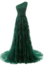 Forest Green Prom Dresses, Lace Tulle Floor Length Prom Dress Featuring One Shoulder Bodice With Bow Accent Belt