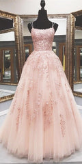 Bridesmaids Dress Ideas, Lace Appliques Pink A LineTulle Long Prom Dresses With Straps