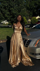 A Line V Neck Gold Prom Dresses, Sleeveless Satin Long Prom Dress