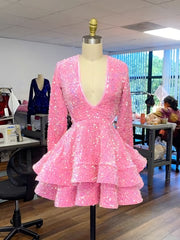Formal Dress For Teens, Pink Cocktail Dresses A-Line V-Neck Long Sleeve Shiny Sequin Homecoming Dresses