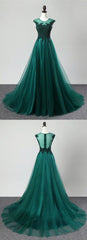 Deep Green Tulle Beaded Sweep Train Formal Prom Dress, Evening Dress