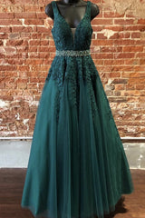 Deep Green Prom Dresses, Tulle Lace V Neck Long Prom Dress Formal Dress