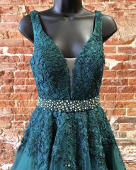 Deep Green Prom Dresses, Tulle Lace V Neck Long Prom Dress Formal Dress