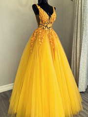 Formal Dresses Wedding, Yellow Tulle With Lace Applique Long Party Dress, A-Line Yellow Formal Dress
