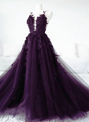 Wedding Dress For Fall Wedding, Dark Purple Tulle With Lace Applique Long Wedding Party Dress, Purple Formal Dress