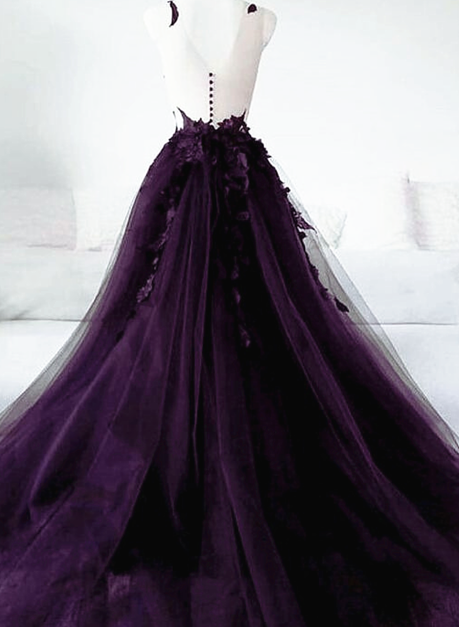 Wedding Dress Petite, Dark Purple Tulle With Lace Applique Long Wedding Party Dress, Purple Formal Dress