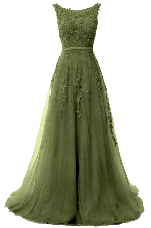 A Line Lace Boat Neck Sleeveless Prom Dresses Formal Evening Gown
