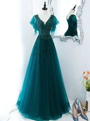 Green Prom Dresses, V Neck Tulle Sequin Beads Long Prom Dress Hand Made Evening Dress