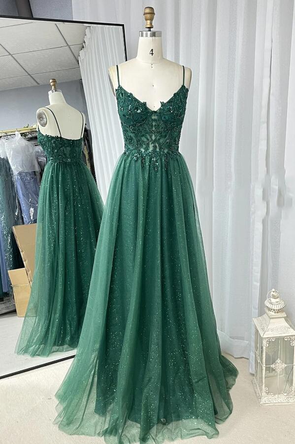 A-line Hunter Green Prom Dresses, Applique Straps Tulle Long Prom Dress