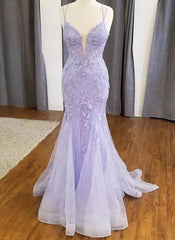 Straps Mermaid V-neck Tulle Appliques Lace Prom Dresses