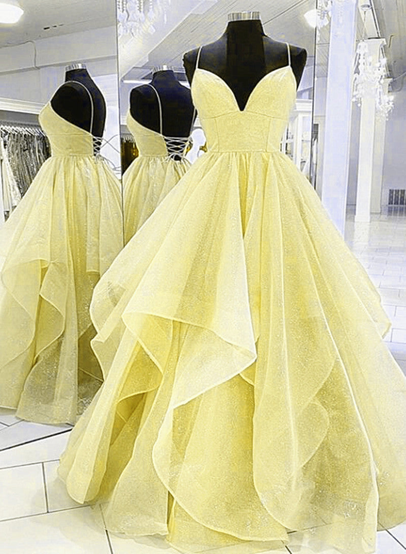 Formal Dress For Sale, Light Yellow Tulle Straps Long Prom Gown, Lace-Up Tulle Evening Dresses