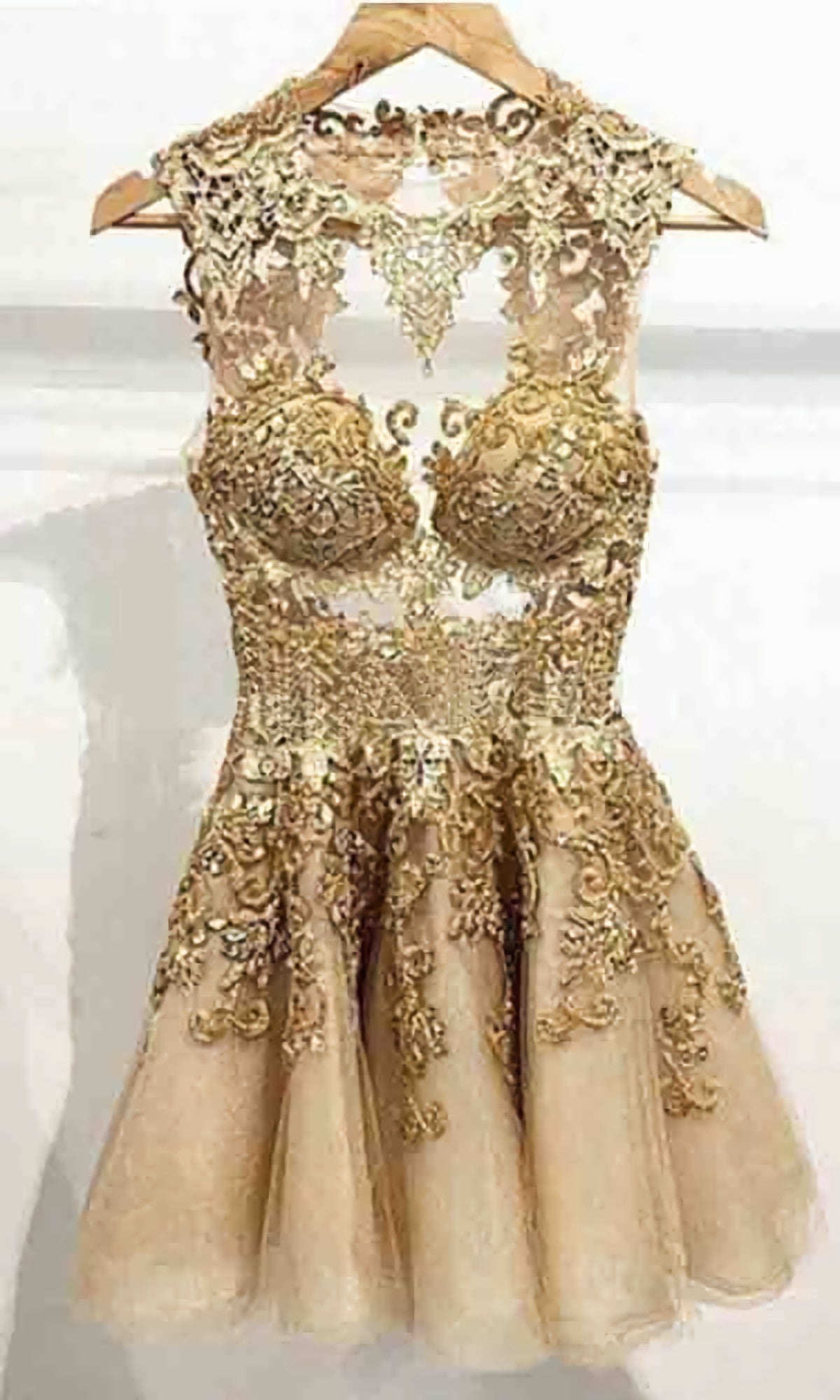 Bridesmaids Dresses Sale, Hot A Line Jewel See Through Tulle Short Gold Homecoming Dresses