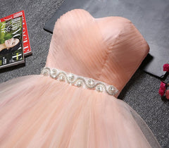 Bridesmaid Dress Shop, Strapless Blush Pink Tulle Short With Sash Sweet 16 Cute Prom Dresses