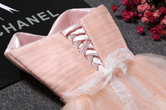 Bridesmaid Dresses Shop, Strapless Blush Pink Tulle Short With Sash Sweet 16 Cute Prom Dresses