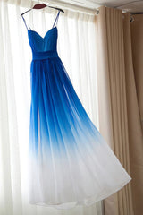 Bridesmaid Dress Green, Spaghetti Strap Royal Blue Ombre Long Chiffon Royal Blue Ombre A Line Sweetheart Prom Dresses