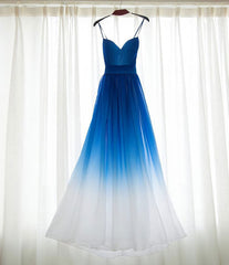 Bridesmaids Dresses Green, Spaghetti Strap Royal Blue Ombre Long Chiffon Royal Blue Ombre A Line Sweetheart Prom Dresses