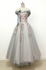 Bridesmaid Dresses 2041, Light Grey Tulle Off Shoulder Flower Lace A Line Prom Dresses