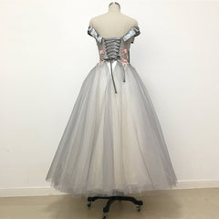 Bridesmaid Dress 2057, Light Grey Tulle Off Shoulder Flower Lace A Line Prom Dresses