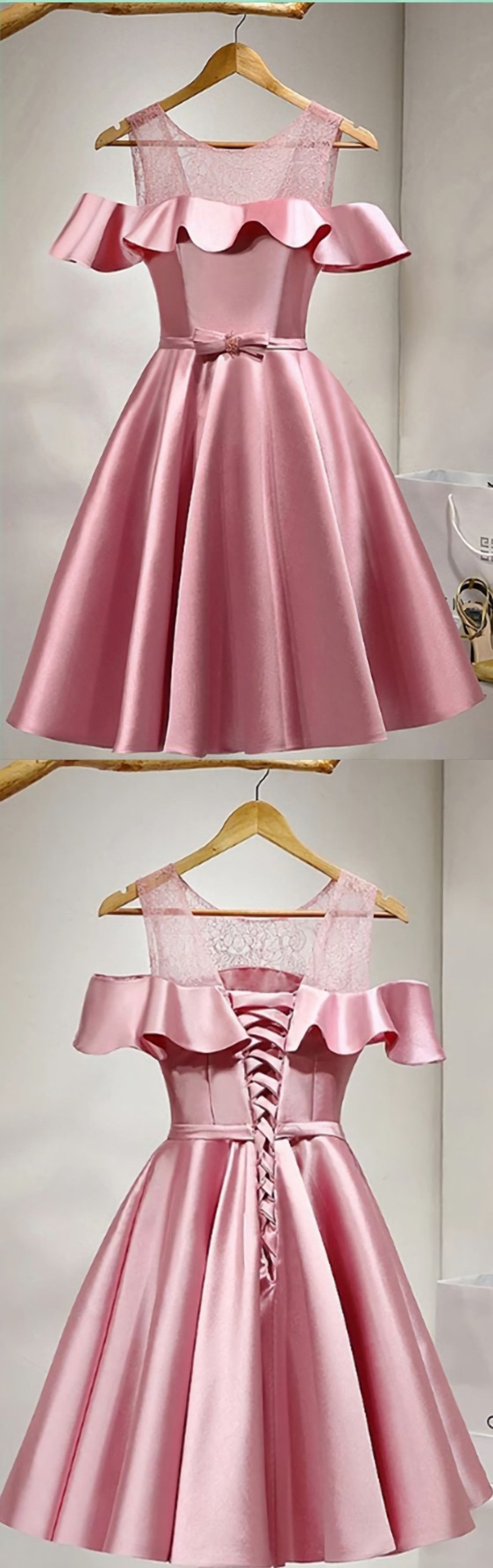 Bridesmaids Dresses With Lace, Pink Lace Up Satin Simpe Cheap Short Short Prom Dresses