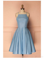 Bridesmaids Dresses Summer, Sky Blue A Line Satin Blue Spaghetti Straps Short Prom Dresses