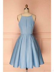 Bridesmaid Dress Summer, Sky Blue A Line Satin Blue Spaghetti Straps Short Prom Dresses