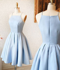 Wedding Dress Guest, cute a line halter light blue short homecoming prom dress short simple satin baby blue party dress