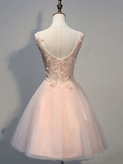 Bridesmaid Dresses Chiffon, Princess V Neck Tulle Short Mini Appliques Lace Sweet Prom Dresses