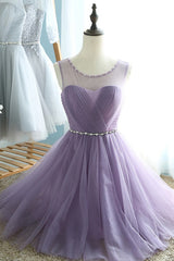Bridesmaides Dresses Fall, Elegant A Line Round Neck Purple Tulle Short Prom Dresses