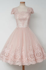 Bridesmaid Dresses Orange, Vintage Knee Length A Line Pearl Pink Lace Homecoming Dresses