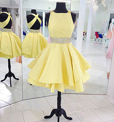 Bridesmaid Dress Fall Colors, Yellow es Cross Back Short Cute Beading Prom Dresses