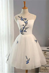 Bridesmaid Dresses On Sale, Cheap A Line Short White Tulle Sleeveless Summer For Girls Prom Dresses