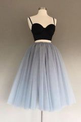 Bridesmaides Dresses Long, Two Pieces Black And Silver Short Sexy Spaghrtti Strap A Line Prom Dresses