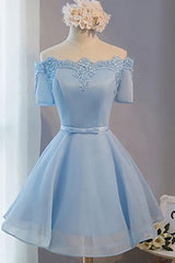 Bridesmaids Dresses Mismatched, A Line Off Shoulder Short Light Blue Prom Dresses