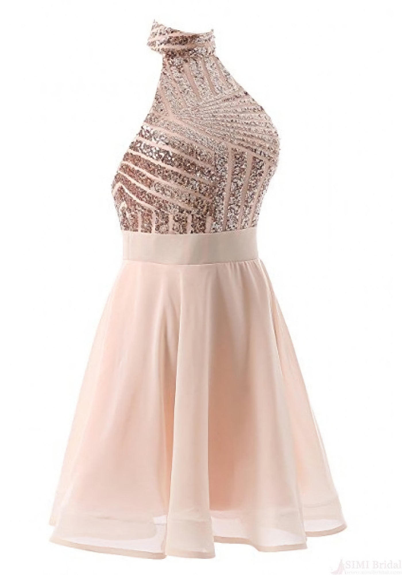 Bridesmaid Dresses Champagne, Halter Sequins Backless Mini Short Prom Dresses