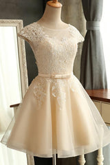 Bridesmaid Dresses Vintage, Champagne Cheap Lace Short s Cap Sleeve Prom Dresses